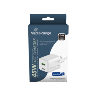 MediaRange 45W GaN Fast Charging Adapter (EU-Plug), 1x USB-C and 1x USB-A, USB-C® Power Delivery and Quick Charge enabled, White(MRMA113-2)