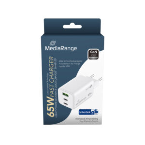 MediaRange 65W GaN Fast Charging Adapter (EU-Plug), 2x USB-C and 1x USB-A, USB-C® Power Delivery and Quick Charge enabled, White (MRMA116-2